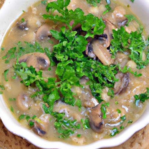 Hearty Mushroom Barley Soup Topped with Fresh Parsley