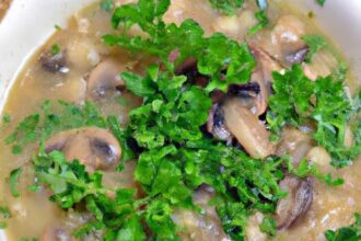 Hearty Mushroom Barley Soup Topped with Fresh Parsley