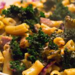 Hearty Baked Macaroni with Sweet Caramelized Onions & Kale