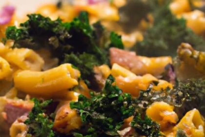 Hearty Baked Macaroni with Sweet Caramelized Onions & Kale