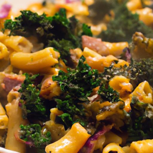 Hearty Baked Macaroni with Sweet Caramelized Onions & Kale