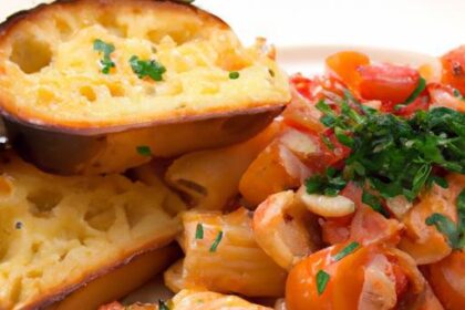 Creamy Tomato Basil Pasta Topped with Crispy Garlic Bread