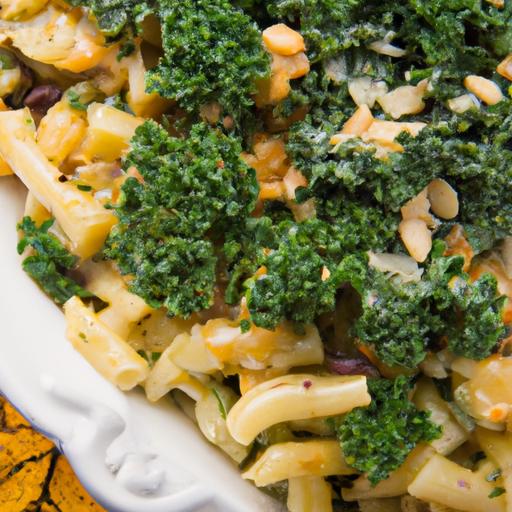 Hearty Baked Macaroni with Sweet caramelized Onions & Kale