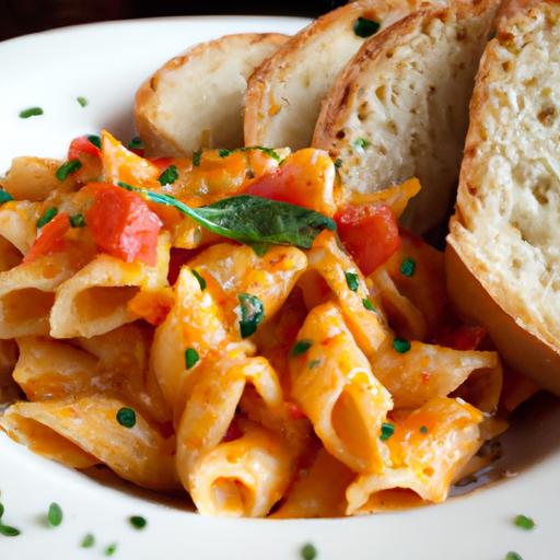 Creamy Tomato Basil Pasta topped with Crispy Garlic Bread