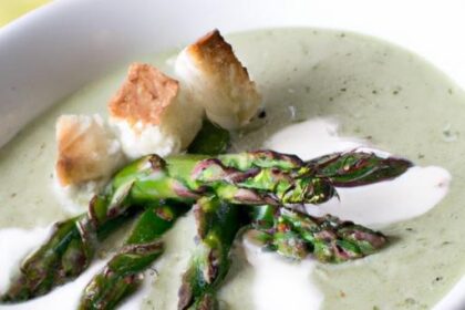 Velvety Cream of Asparagus Soup Topped with Crispy Croutons