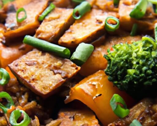 Savory Tempeh & Veggie Rice Bowl Drizzled with Soy Sauce