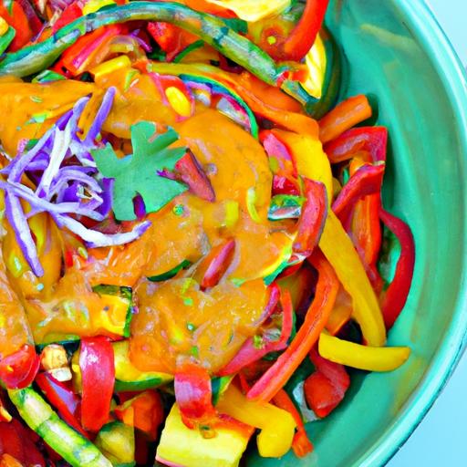 Vibrant Vegan Rainbow bowl with Veggies & Peanut Dressing