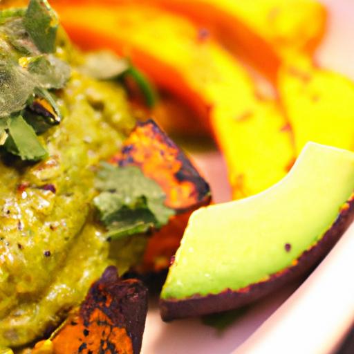Fiery Roasted Sweet Potatoes Paired with Creamy Avocado Bliss